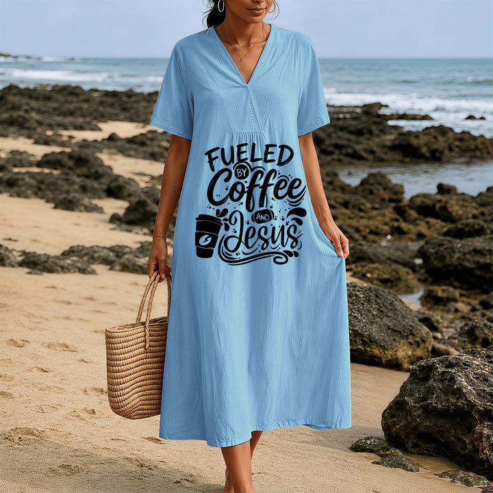 Christianartworkshop "Fueled by Coffee and Jesus" Calligraphy & Coffee Cup Print V-Neck Short Sleeve Midi Dress - image 9