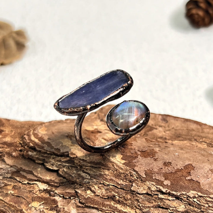 FREE Today: Natural Irregular Labradorite Kyanite Black Tourmaline Open Ring - Kyanite & Labradorite - image 1