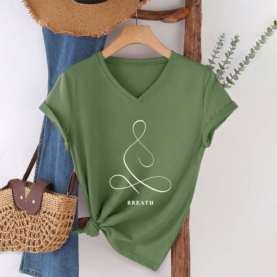 Olivenorma Minimalist Yoga Pose Calm & Breath Graphic V-Neck T-Shirt - BREATH - Olive Green - 2XL - image 51