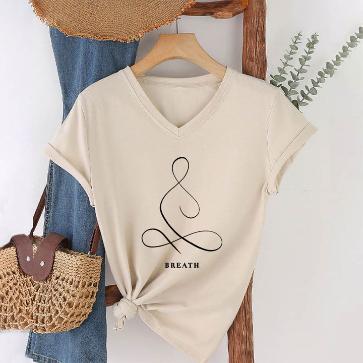 Olivenorma Minimalist Yoga Pose Calm & Breath Graphic V-Neck T-Shirt - BREATH - Khaki - 2XL - image 9