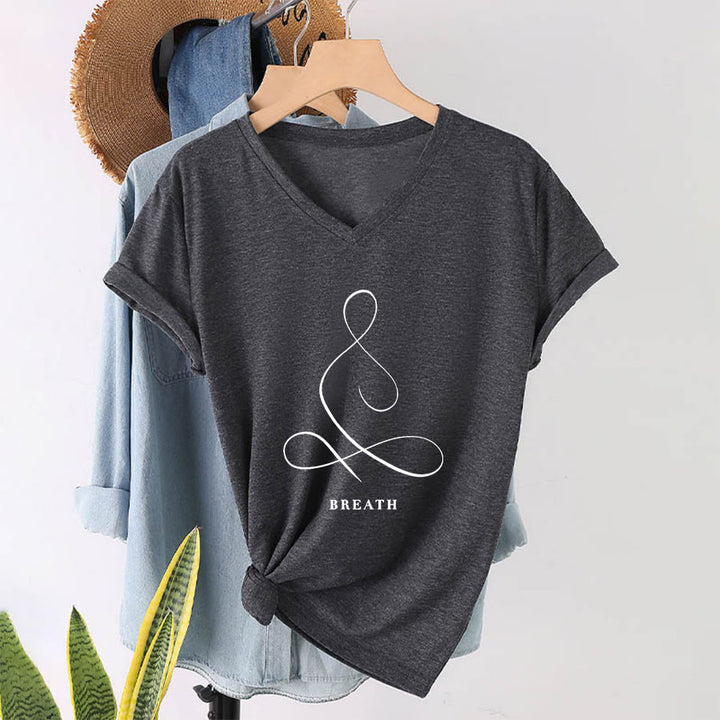 Olivenorma Minimalist Yoga Pose Calm & Breath Graphic V-Neck T-Shirt - BREATH - Gray - 2XL - image 33