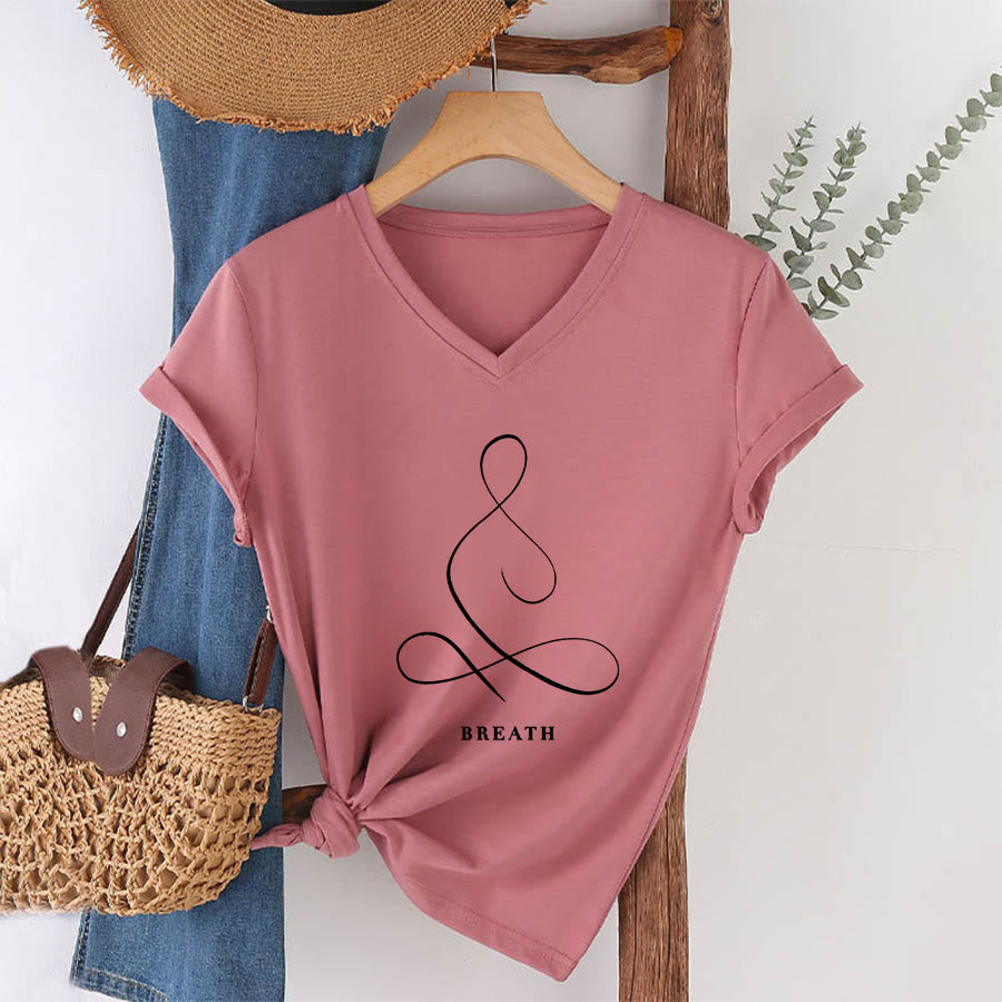 Olivenorma Minimalist Yoga Pose Calm & Breath Graphic V-Neck T-Shirt - BREATH - Pink - 2XL - image 15