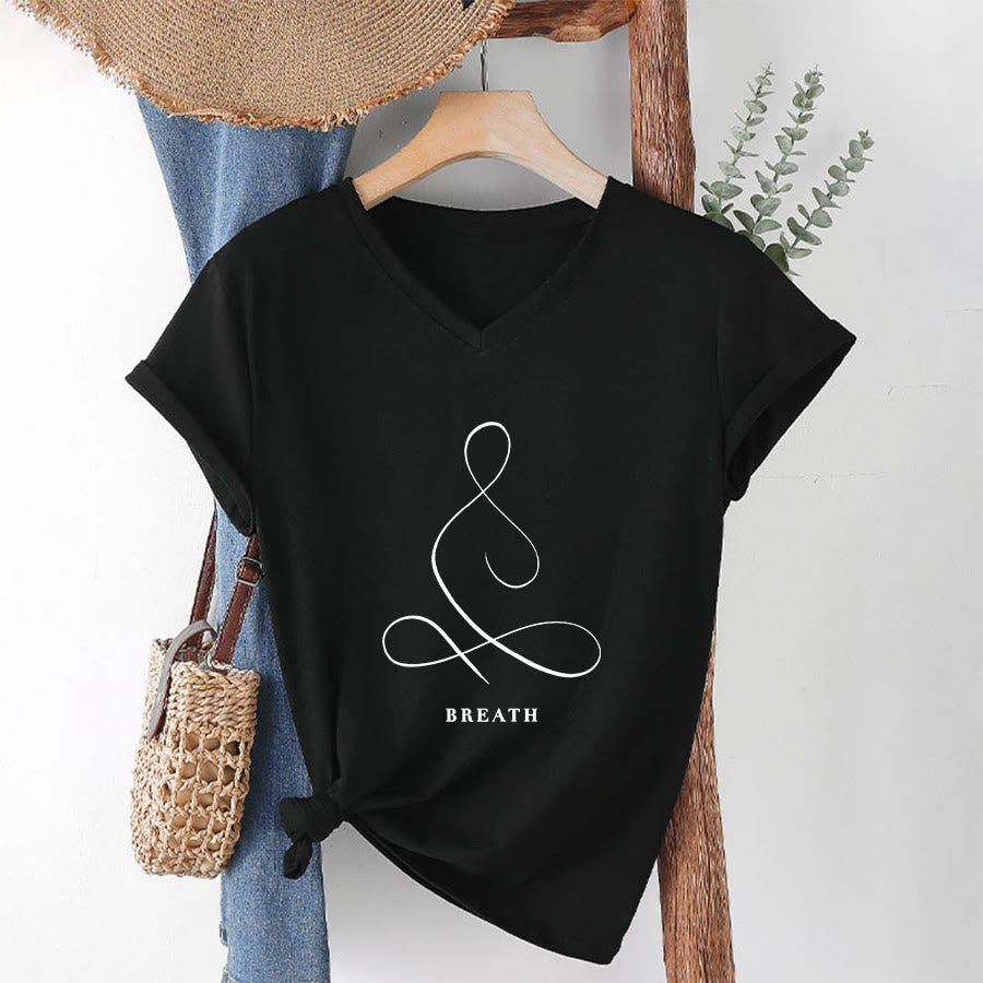 Olivenorma Minimalist Yoga Pose Calm & Breath Graphic V-Neck T-Shirt - BREATH - Black - 2XL - image 27