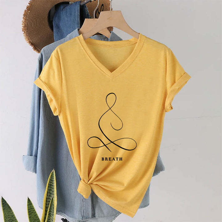 Olivenorma Minimalist Yoga Pose Calm & Breath Graphic V-Neck T-Shirt - BREATH - Yellow - 2XL - image 63