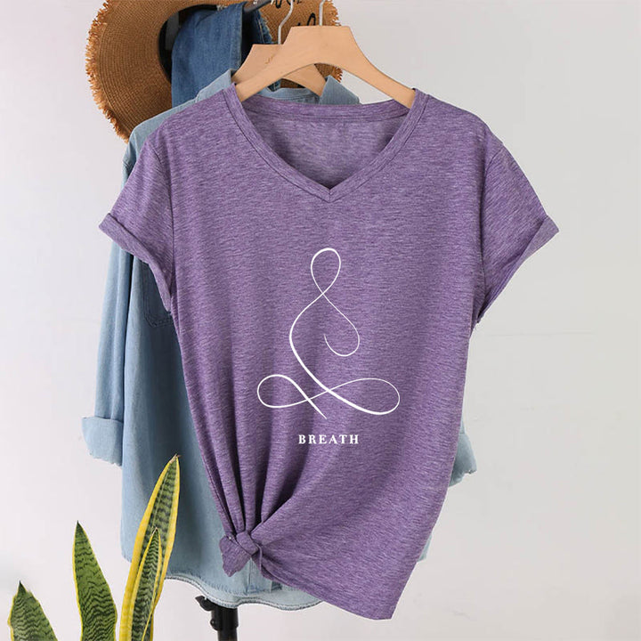 Olivenorma Minimalist Yoga Pose Calm & Breath Graphic V-Neck T-Shirt - BREATH - Purple - 2XL - image 75