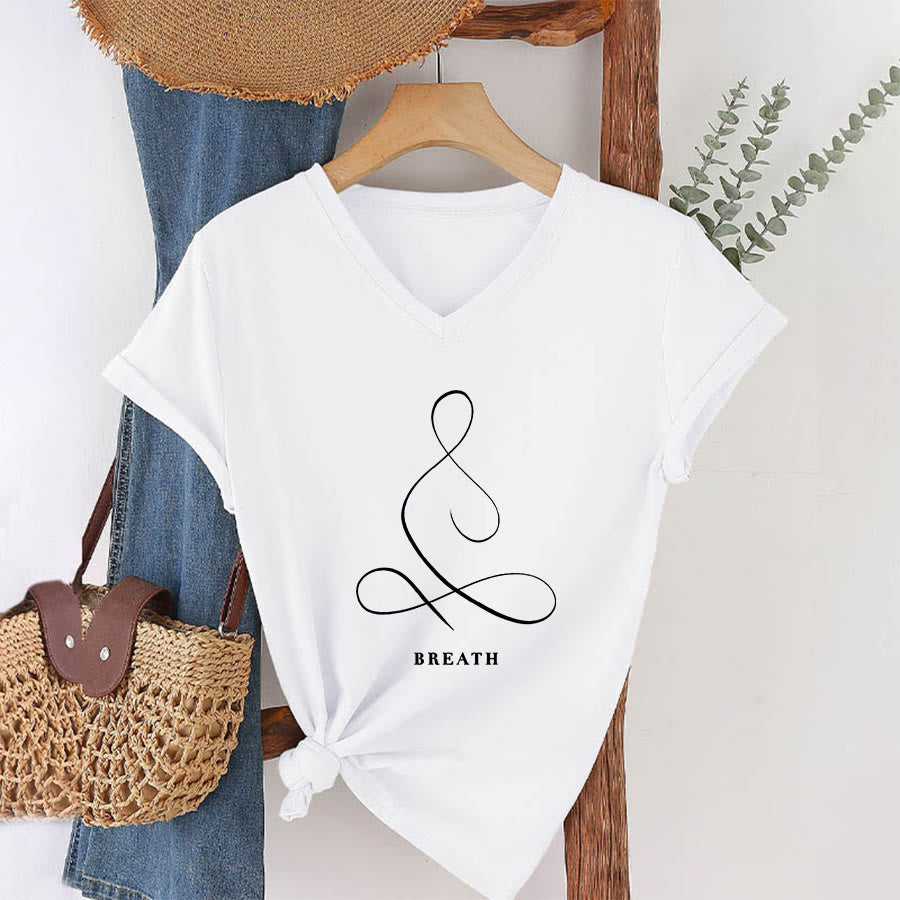 Olivenorma Minimalist Yoga Pose Calm & Breath Graphic V-Neck T-Shirt - BREATH - White - 2XL - image 3