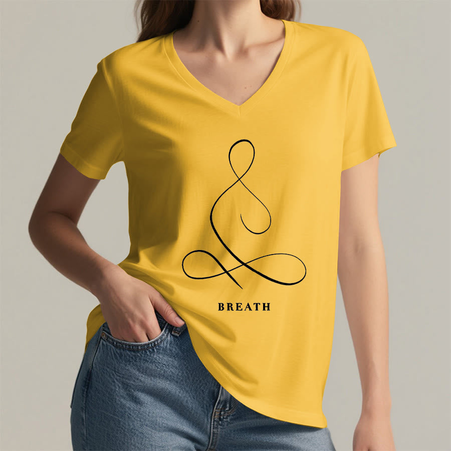 Olivenorma Minimalist Yoga Pose Calm & Breath Graphic V-Neck T-Shirt - image 64