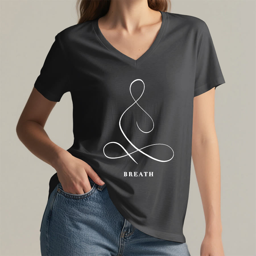 Olivenorma Minimalist Yoga Pose Calm & Breath Graphic V-Neck T-Shirt - image 34