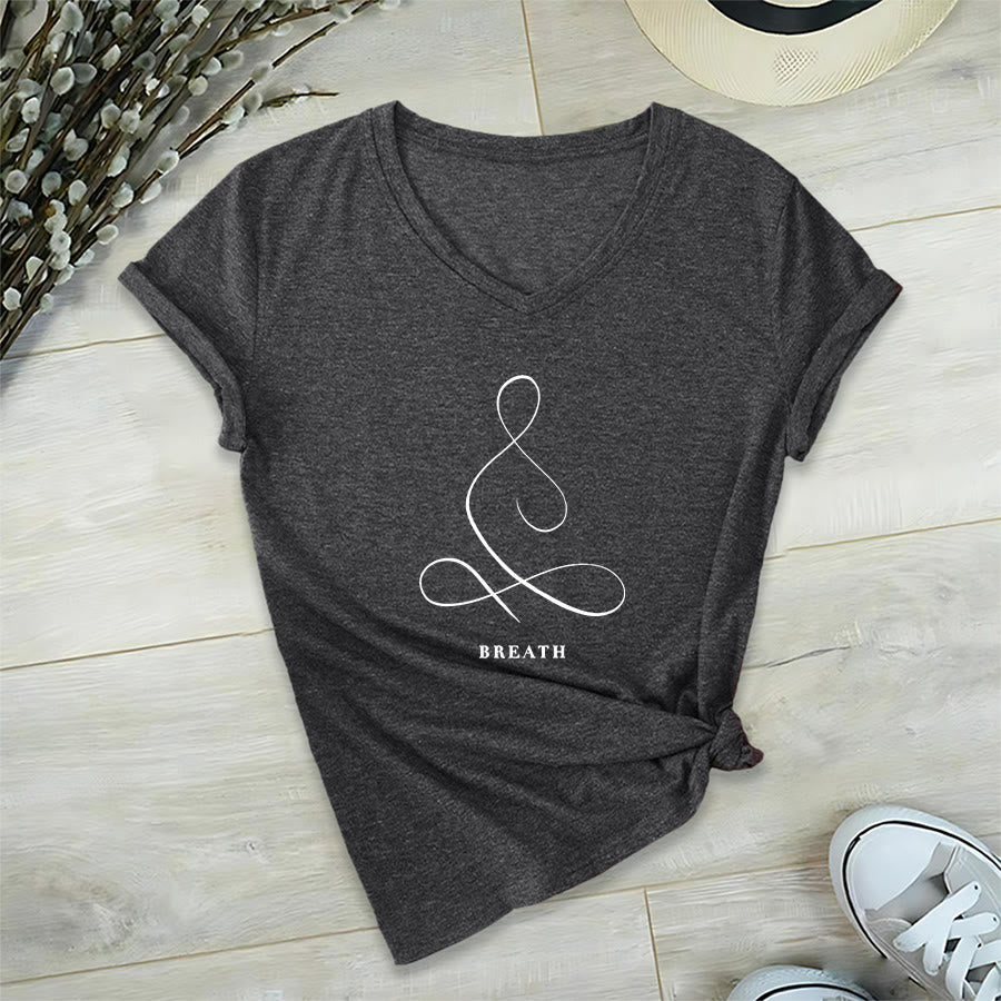 Olivenorma Minimalist Yoga Pose Calm & Breath Graphic V-Neck T-Shirt - image 35