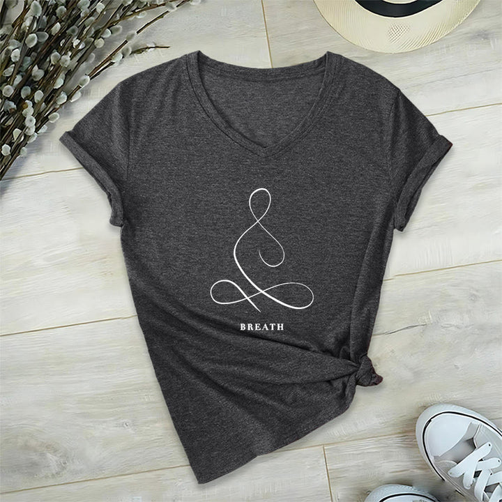 Olivenorma Minimalist Yoga Pose Calm & Breath Graphic V-Neck T-Shirt - image 35