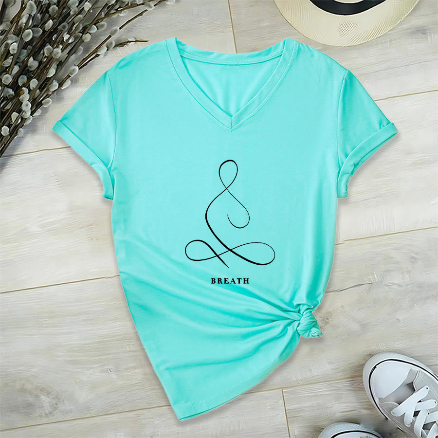 Olivenorma Minimalist Yoga Pose Calm & Breath Graphic V-Neck T-Shirt - image 23