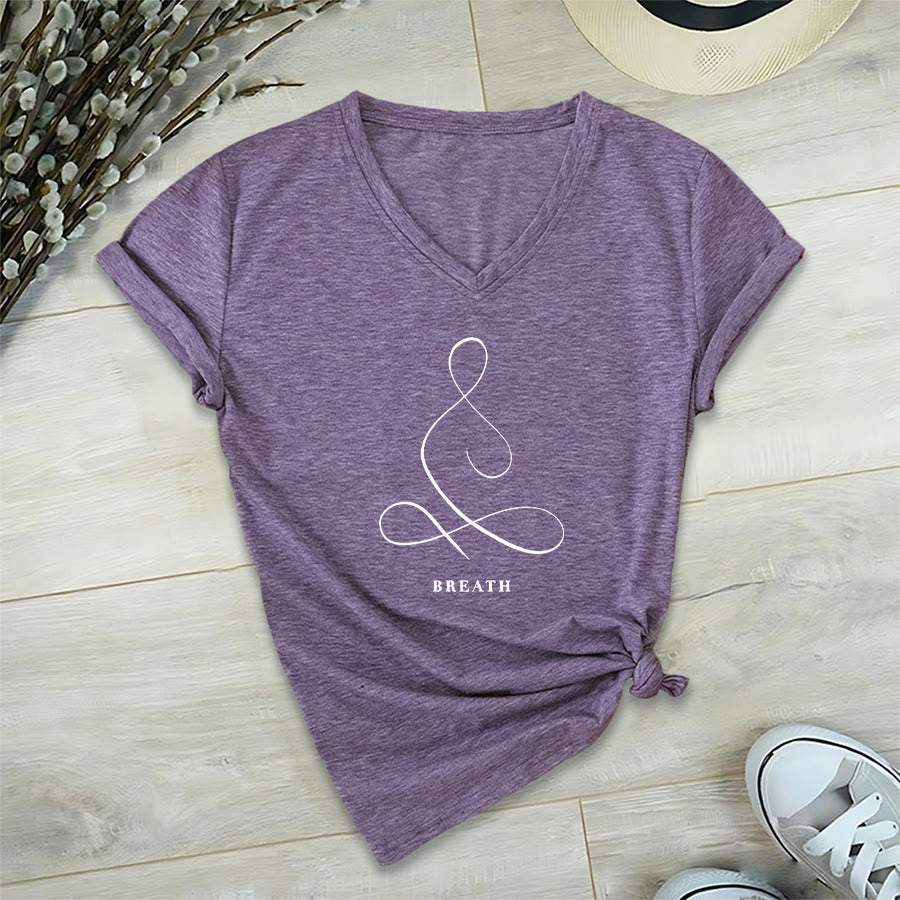Olivenorma Minimalist Yoga Pose Calm & Breath Graphic V-Neck T-Shirt - image 76