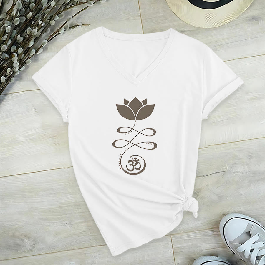 Olivenorma Lotus With Om Symbol Unalome Print Yoga V-Neck T-Shirt - White - 2XL - image 18