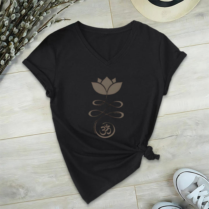 Olivenorma Lotus With Om Symbol Unalome Print Yoga V-Neck T-Shirt - Black - 2XL - image 12
