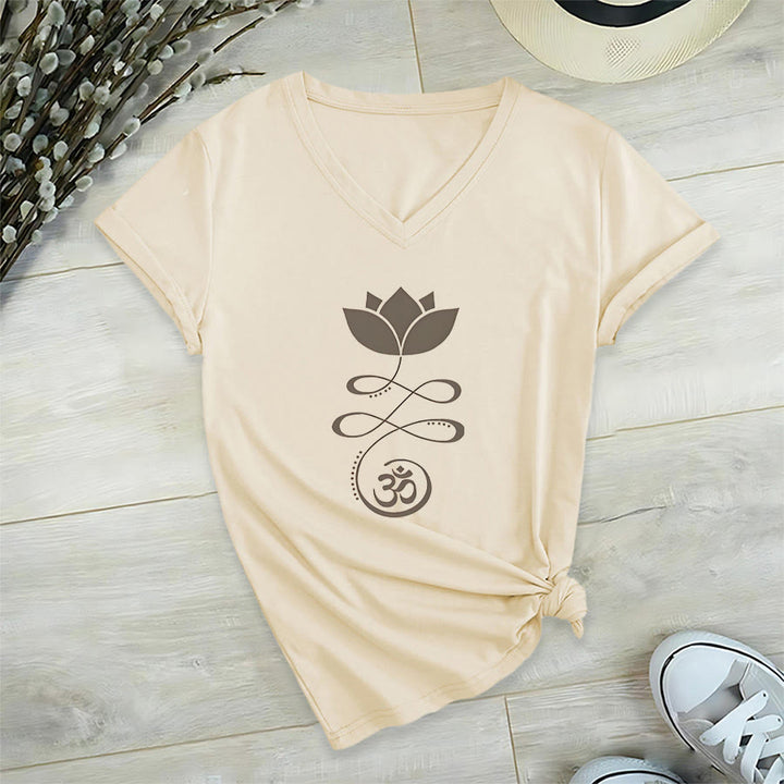 Olivenorma Lotus With Om Symbol Unalome Print Yoga V-Neck T-Shirt - Khaki - 2XL - image 3