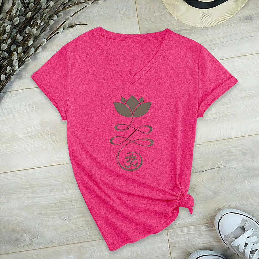 Olivenorma Lotus With Om Symbol Unalome Print Yoga V-Neck T-Shirt - Rose Red - 2XL - image 33