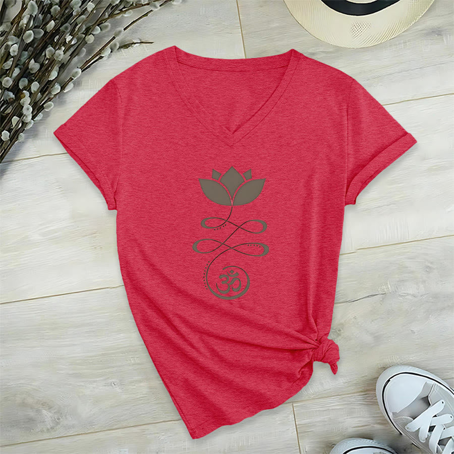 Olivenorma Lotus With Om Symbol Unalome Print Yoga V-Neck T-Shirt - Red - 2XL - image 27