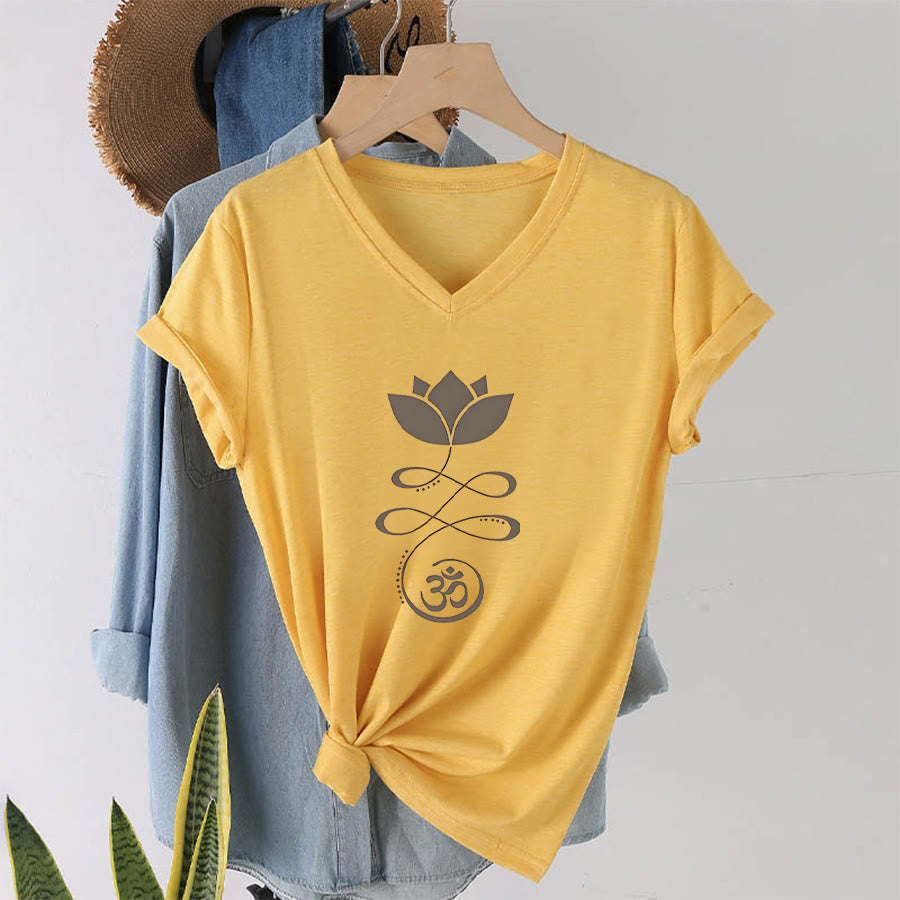 Olivenorma Lotus With Om Symbol Unalome Print Yoga V-Neck T-Shirt - image 31