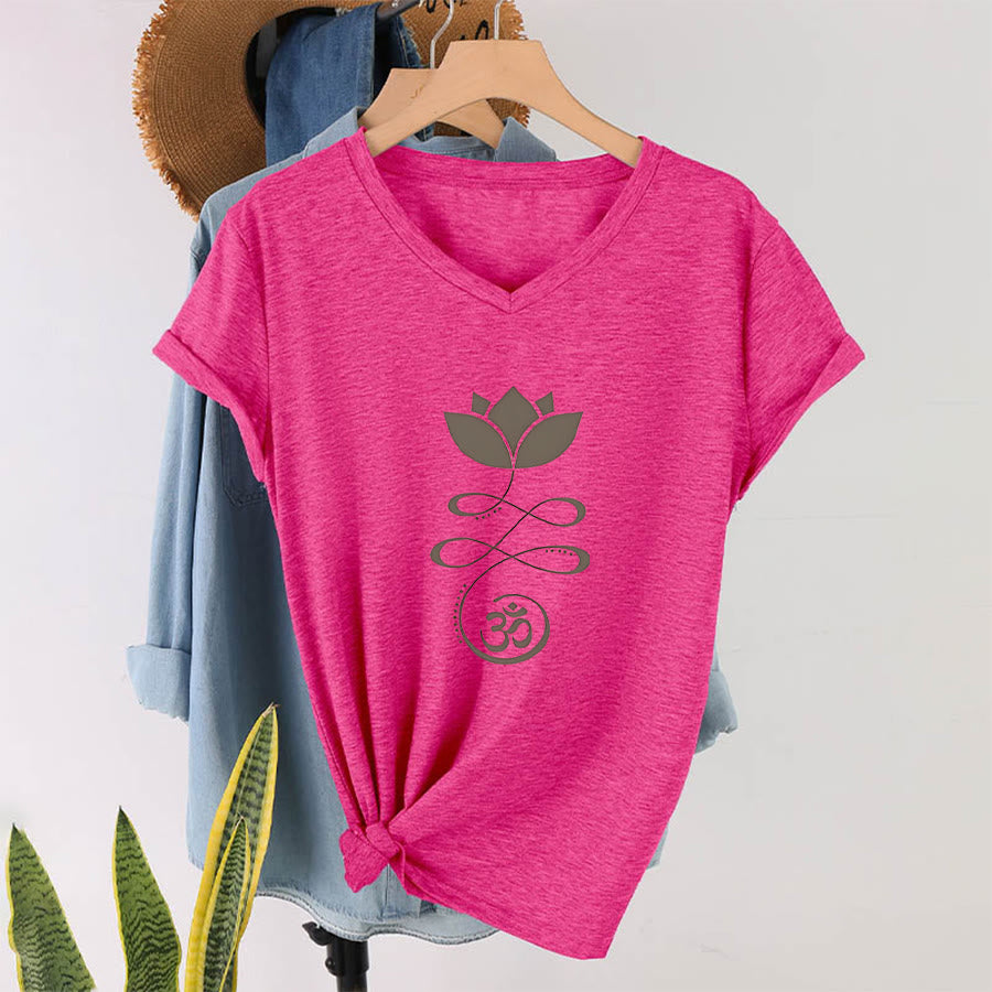 Olivenorma Lotus With Om Symbol Unalome Print Yoga V-Neck T-Shirt - image 34