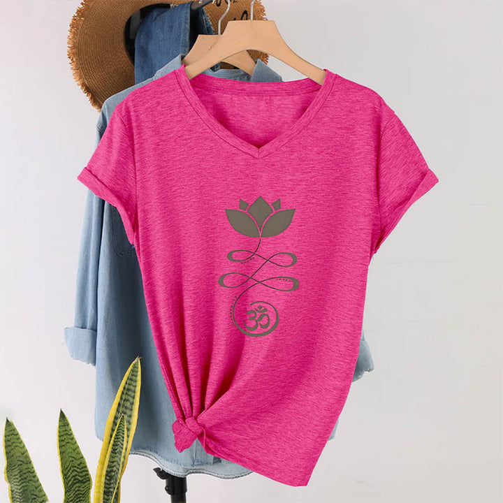 Olivenorma Lotus With Om Symbol Unalome Print Yoga V-Neck T-Shirt - image 34
