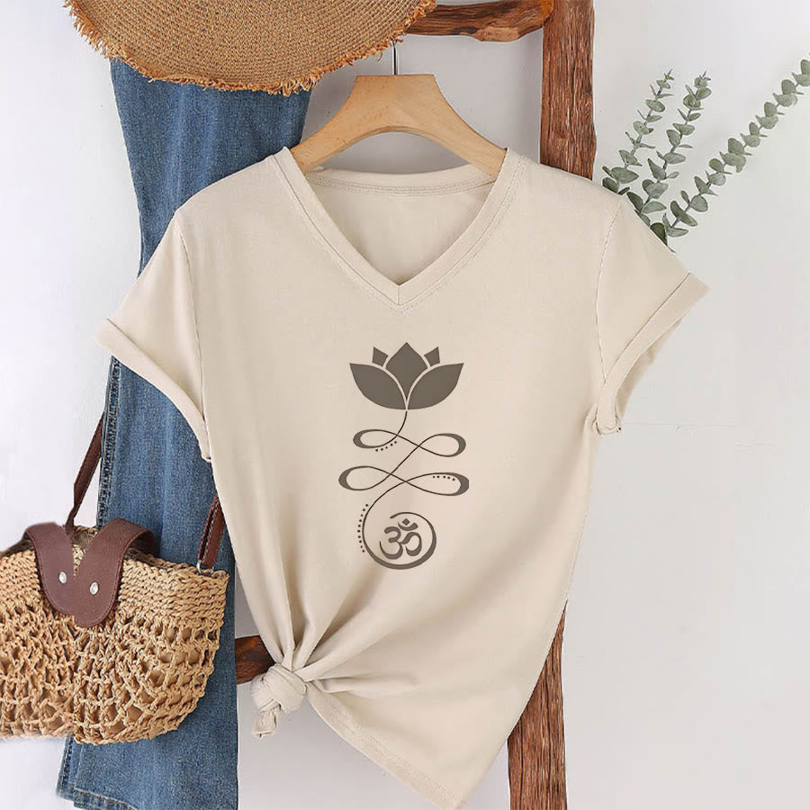 Olivenorma Lotus With Om Symbol Unalome Print Yoga V-Neck T-Shirt - image 4