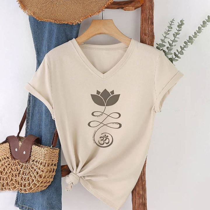 Olivenorma Lotus With Om Symbol Unalome Print Yoga V-Neck T-Shirt - image 4