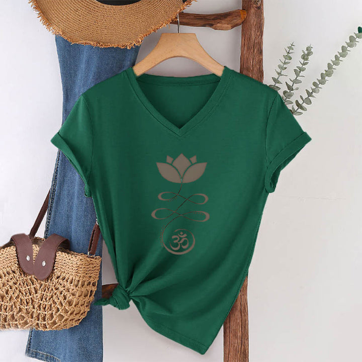 Olivenorma Lotus With Om Symbol Unalome Print Yoga V-Neck T-Shirt - image 1