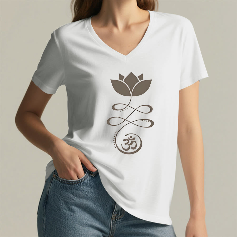 Olivenorma Lotus With Om Symbol Unalome Print Yoga V-Neck T-Shirt - image 20