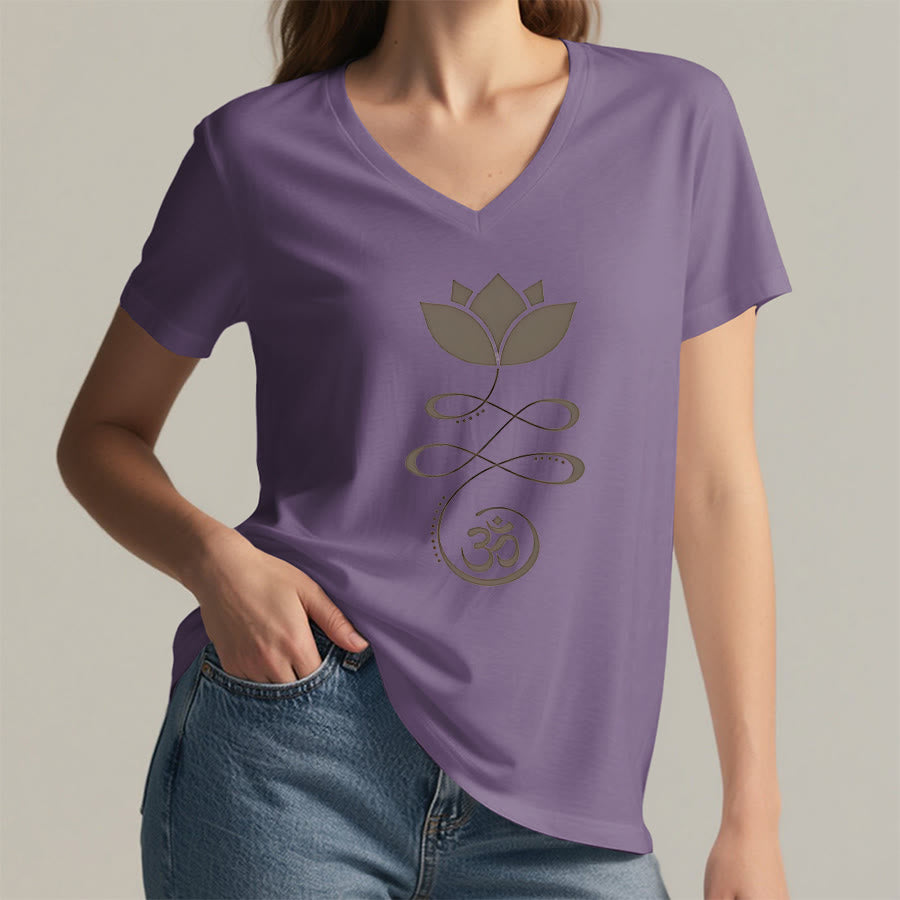 Olivenorma Lotus With Om Symbol Unalome Print Yoga V-Neck T-Shirt - image 38
