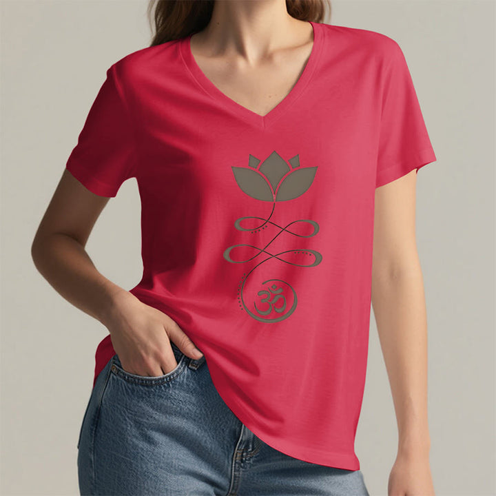 Olivenorma Lotus With Om Symbol Unalome Print Yoga V-Neck T-Shirt - image 29