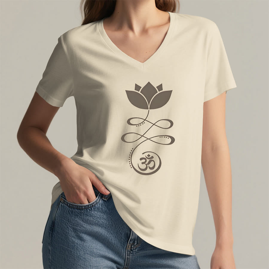 Olivenorma Lotus With Om Symbol Unalome Print Yoga V-Neck T-Shirt - image 5