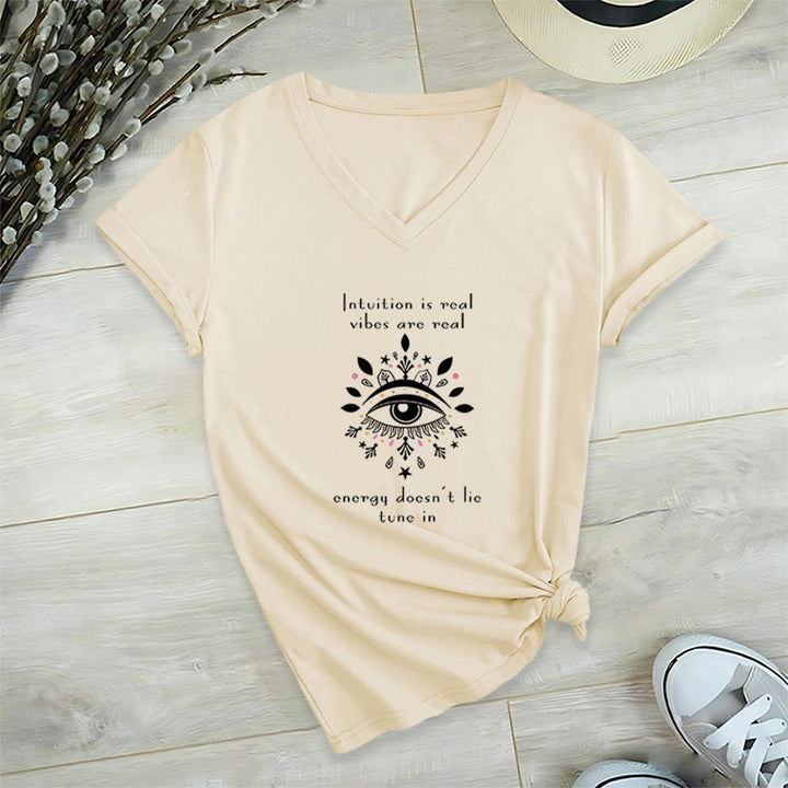 Olivenorma Casual Mystical Eye Intuition Quote Print V-Neck T-Shirt - Khaki - 2XL - image 3