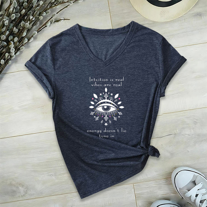 Olivenorma Casual Mystical Eye Intuition Quote Print V-Neck T-Shirt - Navy Blue - 2XL - image 0