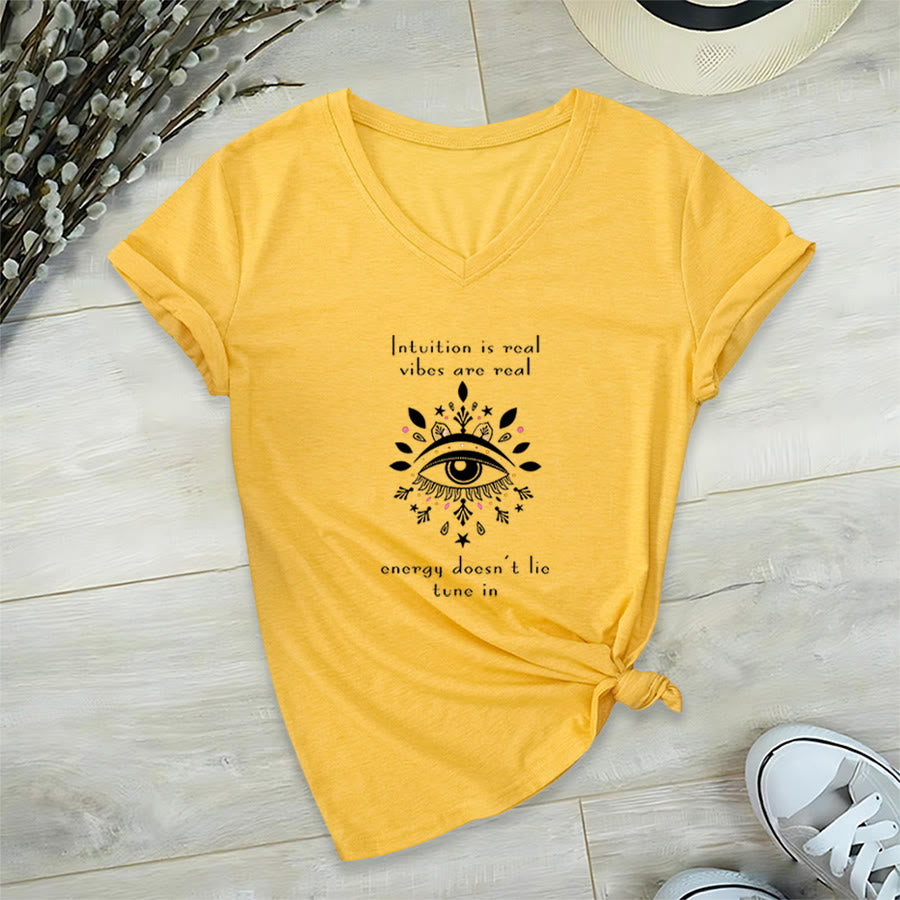Olivenorma Casual Mystical Eye Intuition Quote Print V-Neck T-Shirt - Yellow - 2XL - image 30
