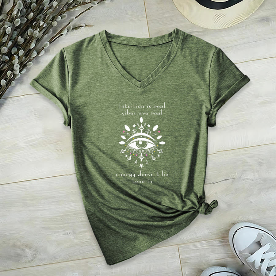 Olivenorma Casual Mystical Eye Intuition Quote Print V-Neck T-Shirt - Olive Green - 2XL - image 24