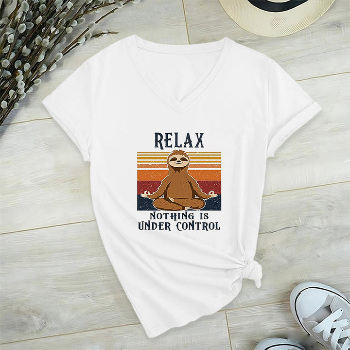 Olivenorma Meditating Sloth "Relax Nothing Is Under Control" Print V-Neck T-Shirt - White - 2XL - image 18