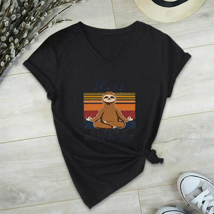 Olivenorma Meditating Sloth "Relax Nothing Is Under Control" Print V-Neck T-Shirt - Black - 2XL - image 12