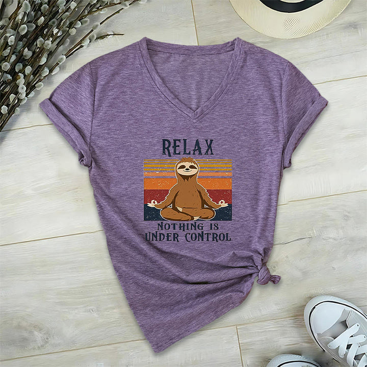 Olivenorma Meditating Sloth "Relax Nothing Is Under Control" Print V-Neck T-Shirt - Purple - 2XL - image 36