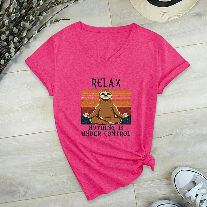 Olivenorma Meditating Sloth "Relax Nothing Is Under Control" Print V-Neck T-Shirt - Rose Red - 2XL - image 33