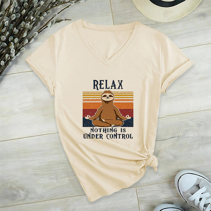 Olivenorma Meditating Sloth "Relax Nothing Is Under Control" Print V-Neck T-Shirt - Khaki - 2XL - image 3