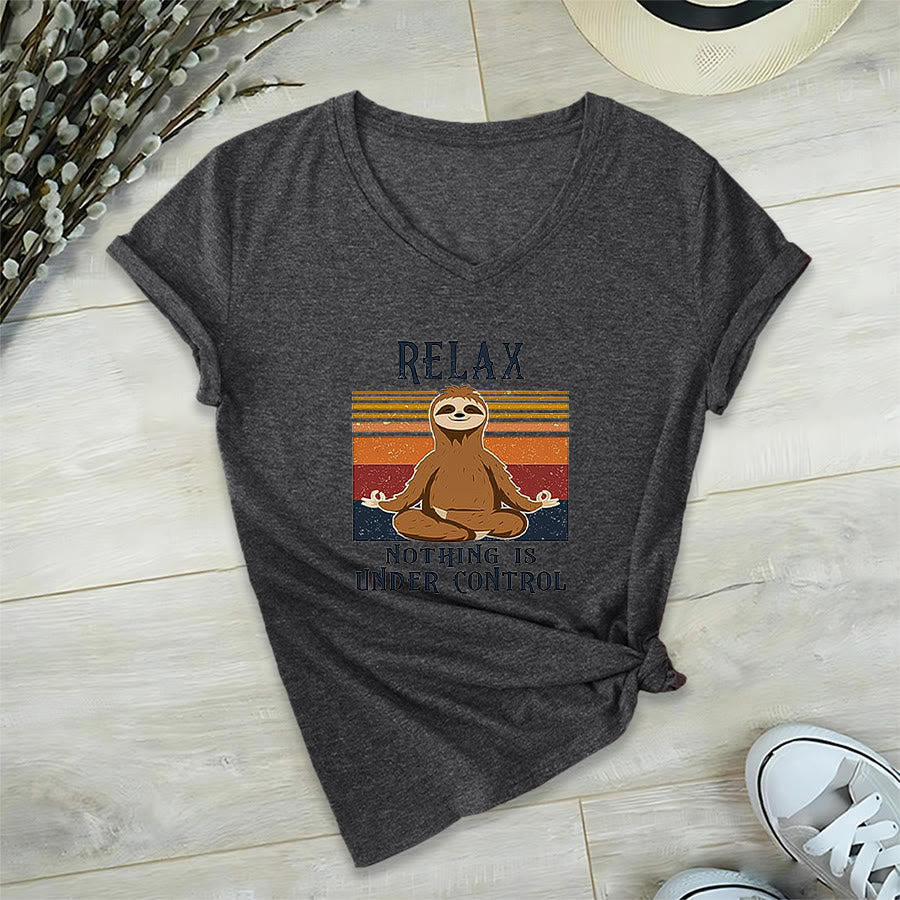 Olivenorma Meditating Sloth "Relax Nothing Is Under Control" Print V-Neck T-Shirt - Gray - 2XL - image 15