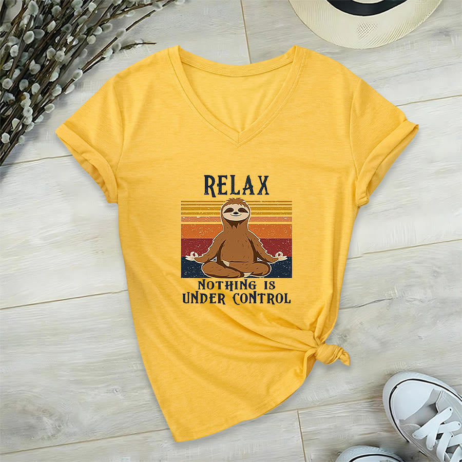 Olivenorma Meditating Sloth "Relax Nothing Is Under Control" Print V-Neck T-Shirt - Yellow - 2XL - image 30