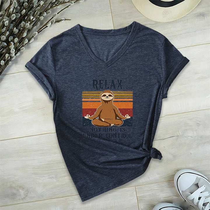 Olivenorma Meditating Sloth "Relax Nothing Is Under Control" Print V-Neck T-Shirt - Navy Blue - 2XL - image 21
