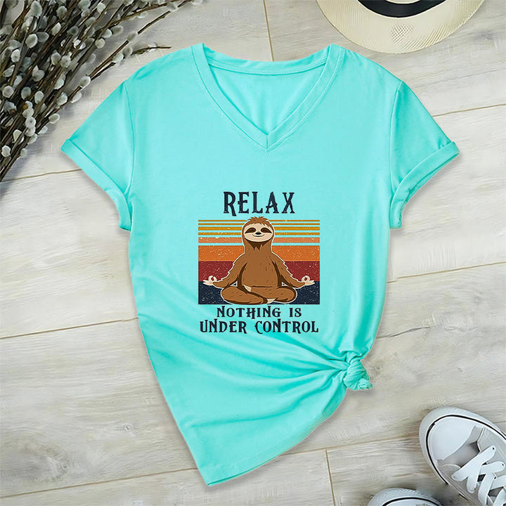 Olivenorma Meditating Sloth "Relax Nothing Is Under Control" Print V-Neck T-Shirt - Lake Blue - 2XL - image 9