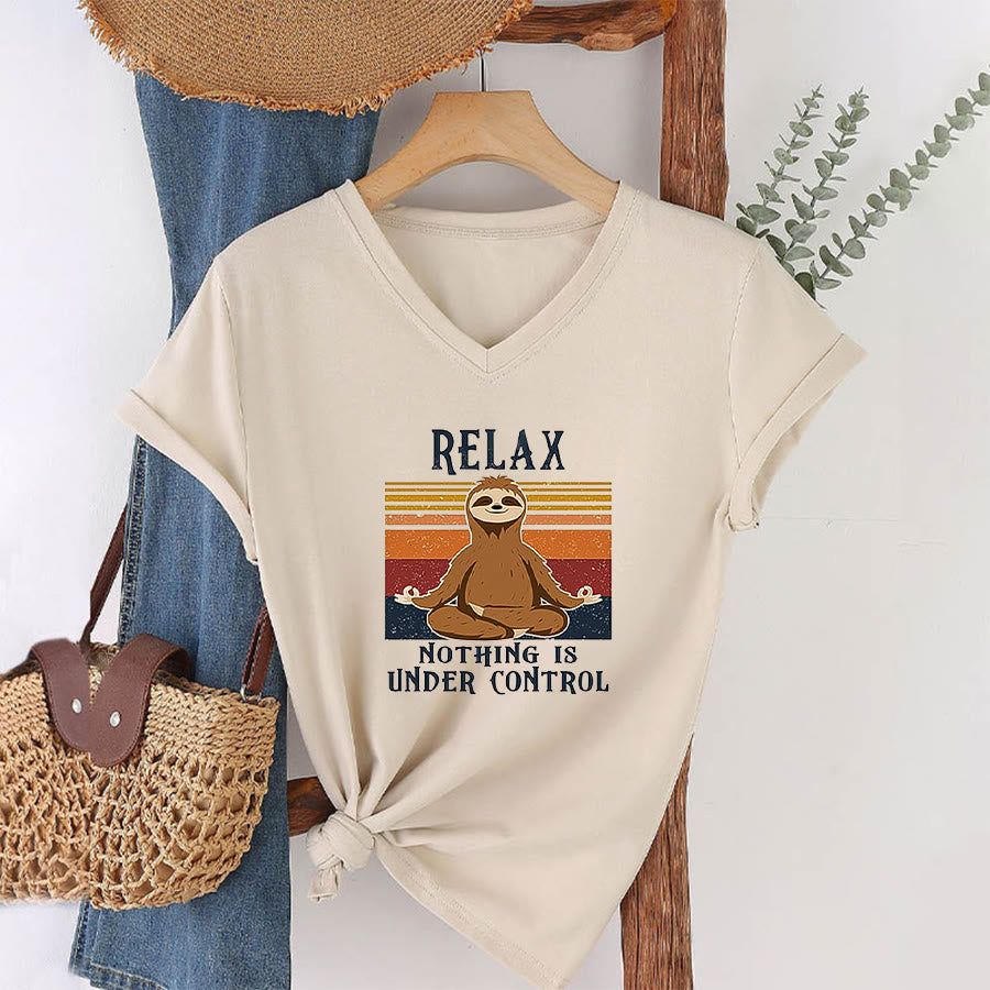 Olivenorma Meditating Sloth "Relax Nothing Is Under Control" Print V-Neck T-Shirt - image 4