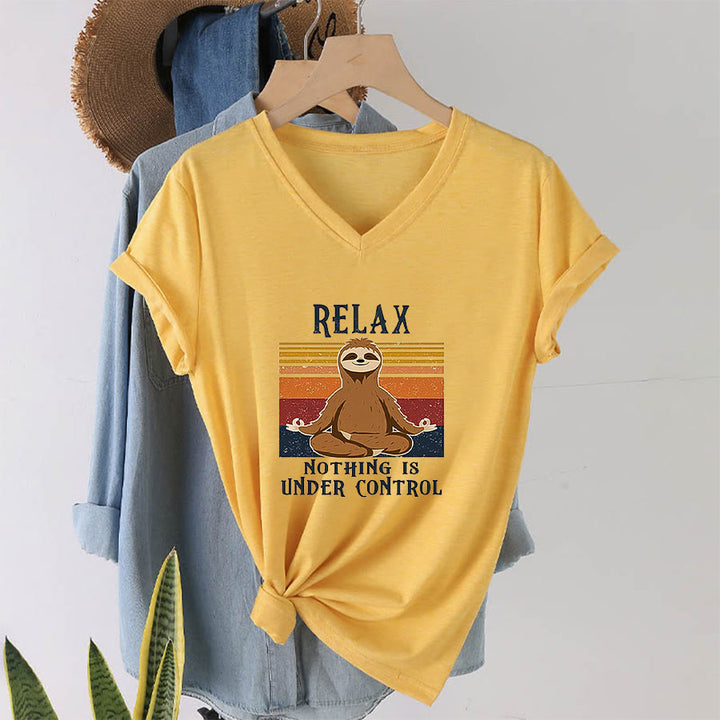 Olivenorma Meditating Sloth "Relax Nothing Is Under Control" Print V-Neck T-Shirt - image 31