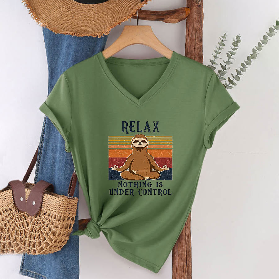 Olivenorma Meditating Sloth "Relax Nothing Is Under Control" Print V-Neck T-Shirt - image 1
