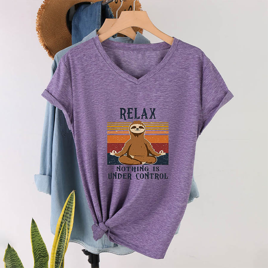Olivenorma Meditating Sloth "Relax Nothing Is Under Control" Print V-Neck T-Shirt - image 37