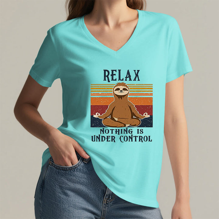 Olivenorma Meditating Sloth "Relax Nothing Is Under Control" Print V-Neck T-Shirt - image 11