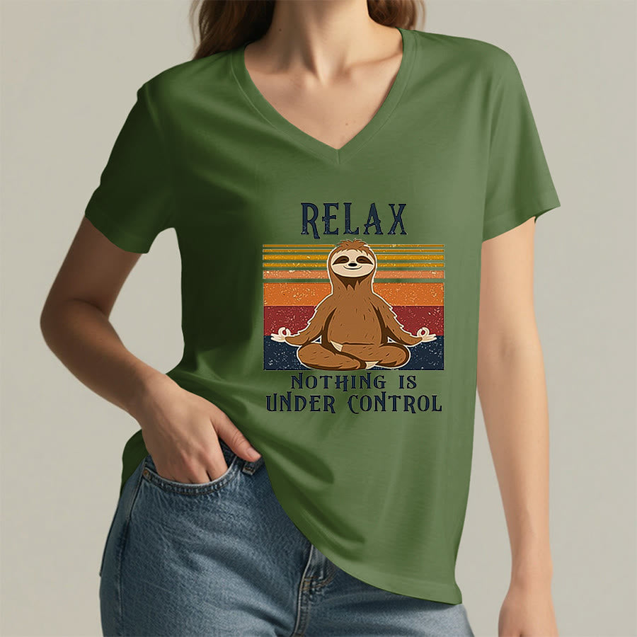 Olivenorma Meditating Sloth "Relax Nothing Is Under Control" Print V-Neck T-Shirt - image 2